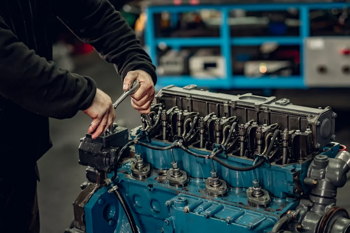 Mechaniker zieht Zylinderkopfteile bei der Montage eines überholten Sechszylinder-Dieselmotors an
