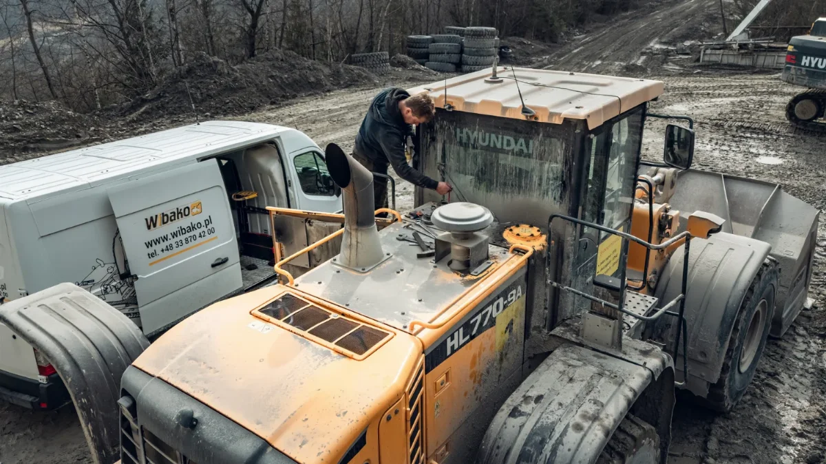 Mechaniker arbeitet an der geöffneten Motorhaube eines Radladers Hyundai HL770-9A, daneben der WIBAKO-Servicewagen